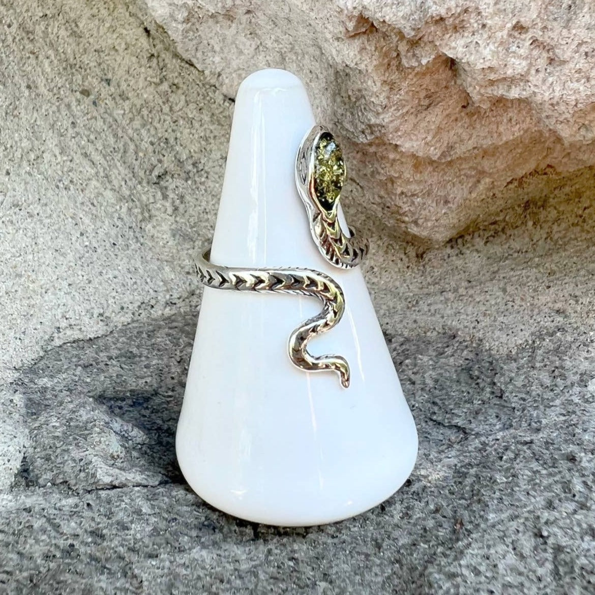 Baltic Amber Snake Adjustable Sterling Silver Ring