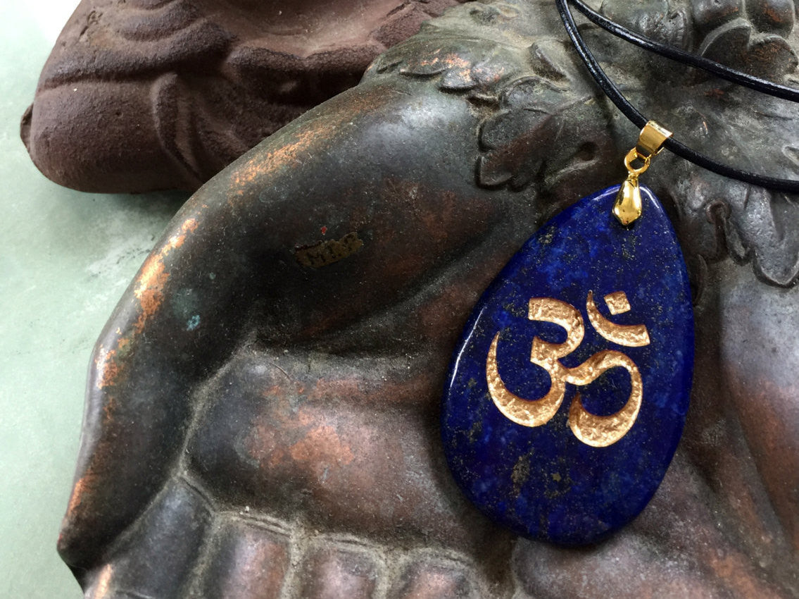 Om symbol - Natures first Breath engraved Ohm Lapis Lazuli Necklace - Cast a Stone