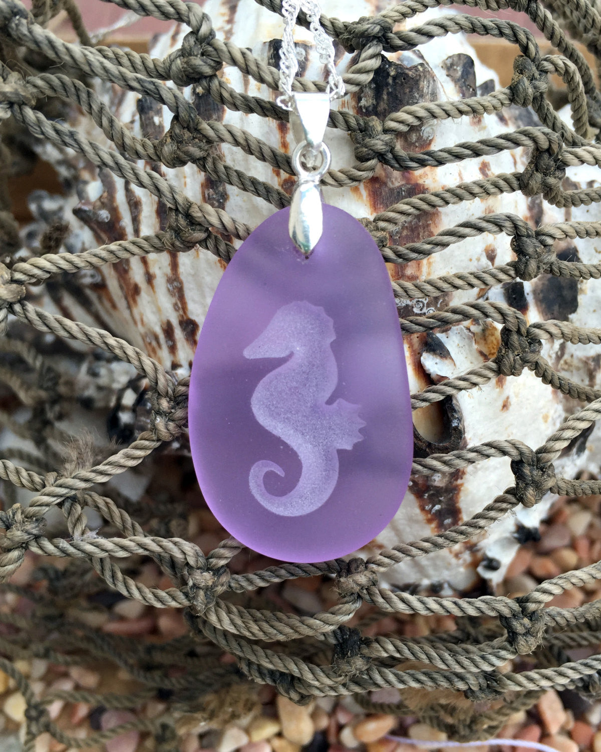 Seahorse of Patience and Determination pendant engraved Sea Glass Jewelry - choose your color - Cast a Stone