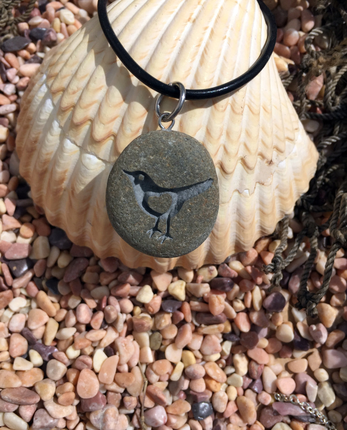 Lil' LoveBird with 3D heart - makes my heart sing - All Natural engraved Beach Stone Pendant with top drilled Bail - Cast a Stone