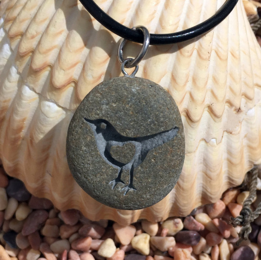 Lil&#39; LoveBird with 3D heart - makes my heart sing - All Natural engraved Beach Stone Pendant with top drilled Bail - Cast a Stone