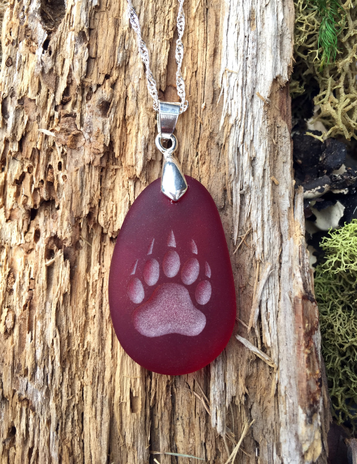 Bear Claw pendant - symbol of Courage, Power &amp; Confidence engraved Sea Glass Jewelry - choose your color - Cast a Stone