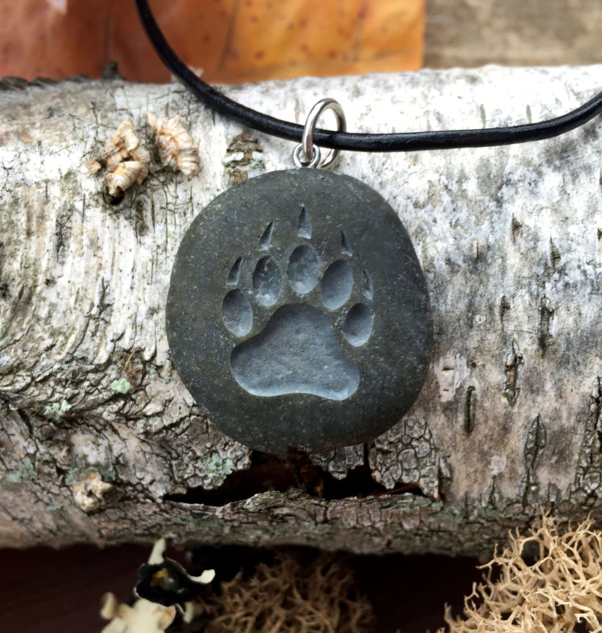 Bear Claw symbol of Courage, Power &amp; Confidence - engraved Beach Stone Pendant - Totem spirit animal - Cast a Stone