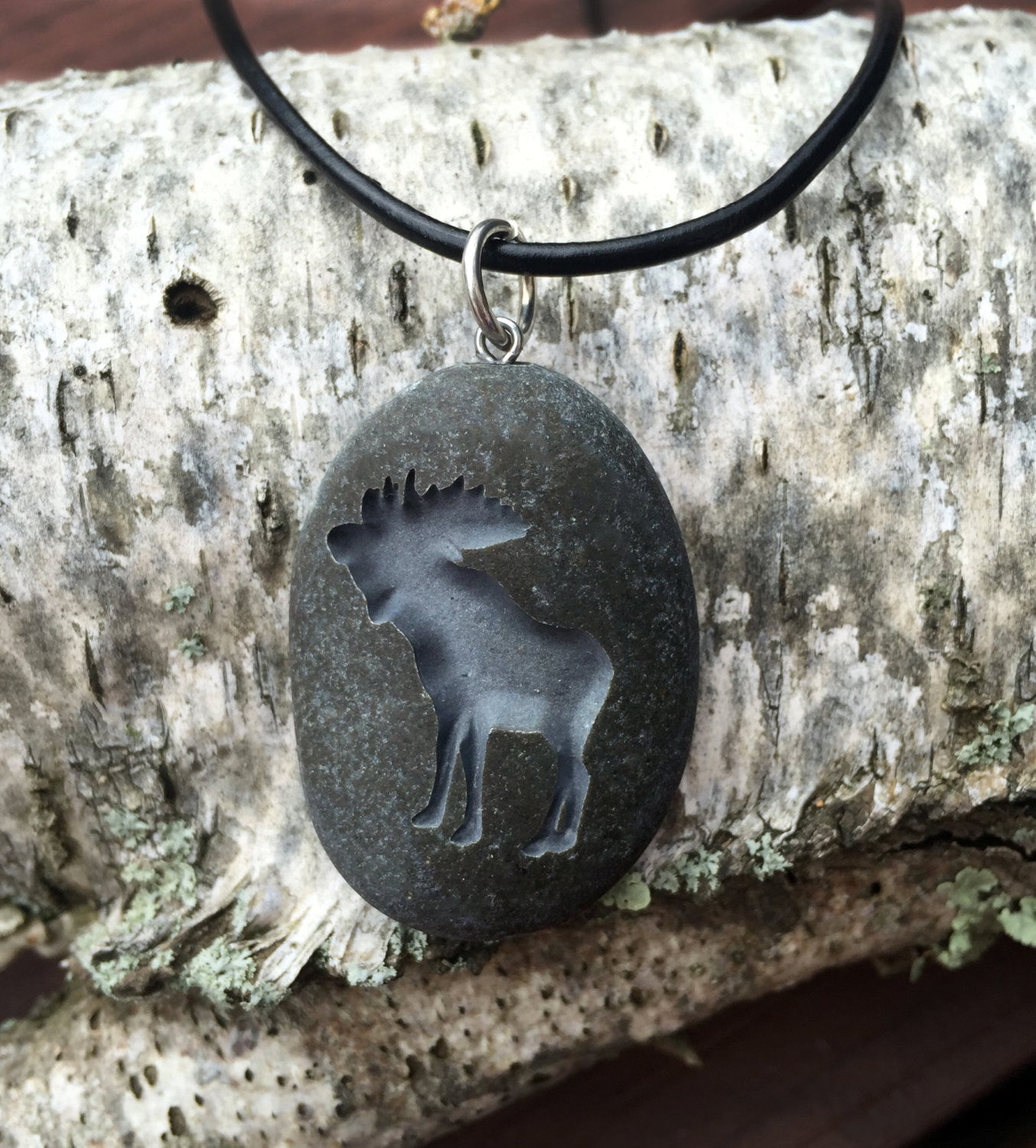 Moose - symbol of pride, life, and strength - All Natural engraved Beach Stone Pendant Jewelry - Cast a Stone