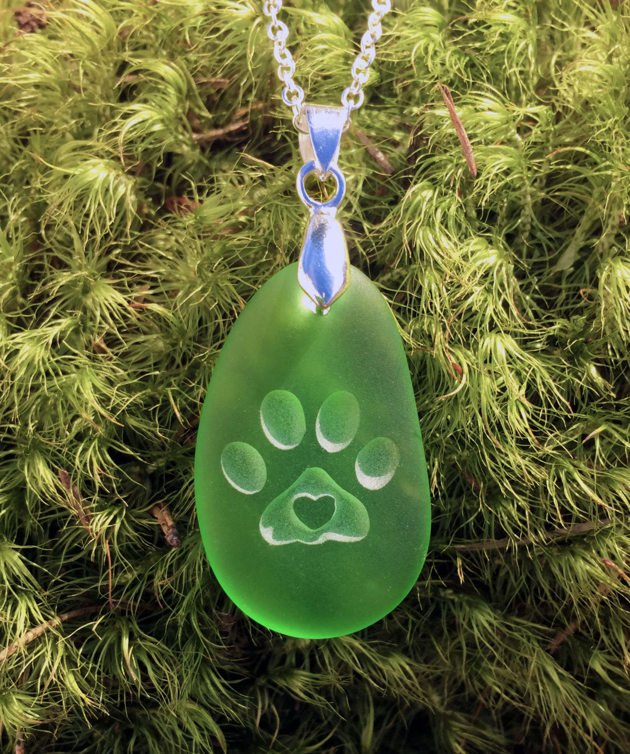 Puppy Love! Dog paw with 3D heart pendant engraved Sea Glass Jewelry- choose your color - Cast a Stone