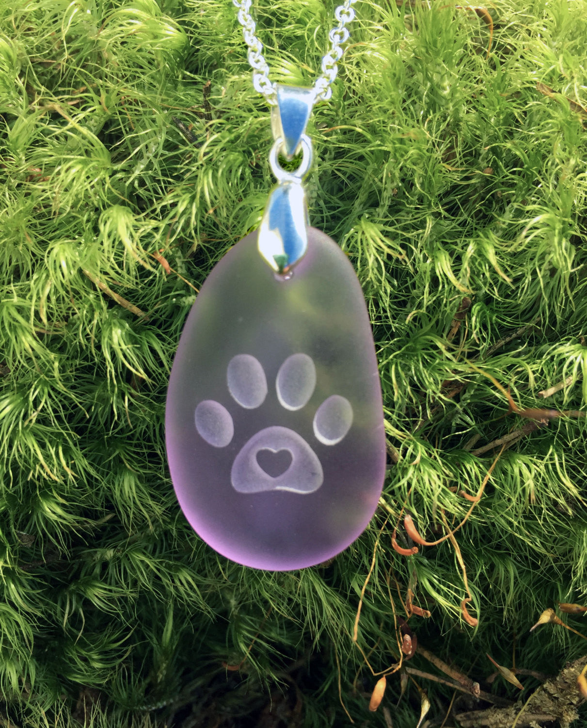 Kitten Love! Cat paw with 3D heart engraved Sea Glass pendant Jewelry- choose your color - Cast a Stone