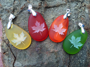 Fall Maple Leaves pendant - Reminder life is still Sweet- engraved Sea Glass Jewelry - choose your color - Cast a Stone