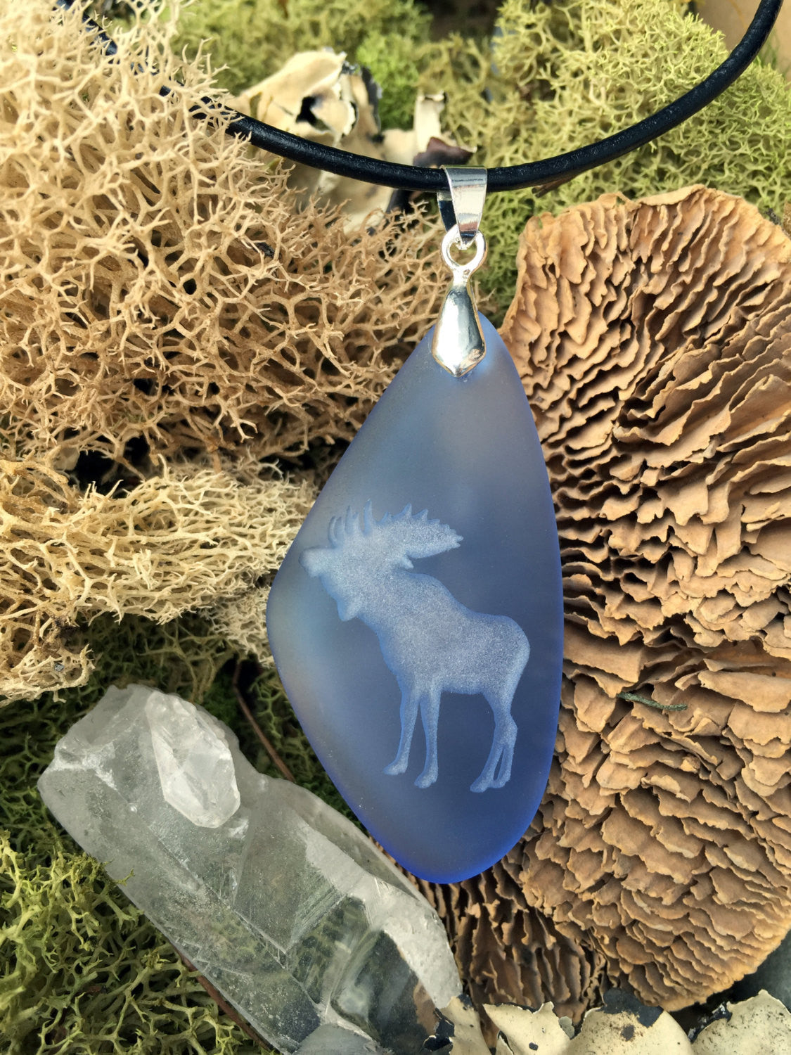 Moose pendant- symbol of Pride, Life, and Strength - engraved Sea Glass Jewelry - choose your color - Cast a Stone