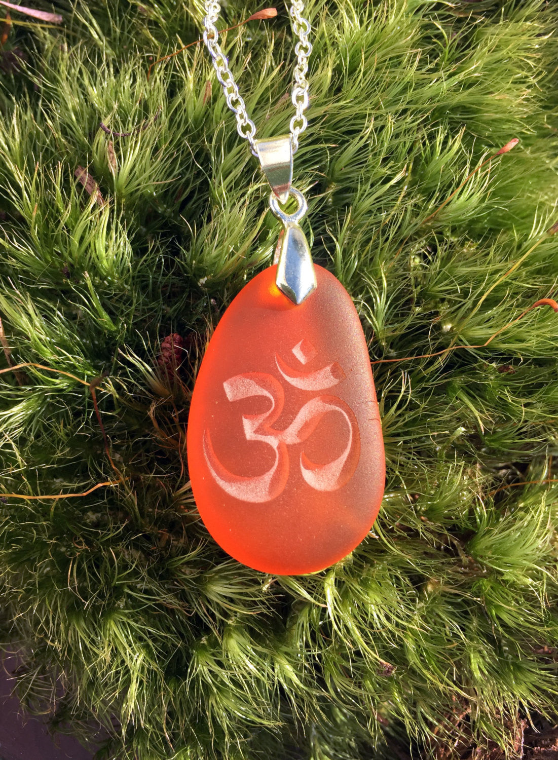Om symbol pendant - Nature&#39;s first Breath necklace  - engraved Sea Glass Jewelry- choose your color - Cast a Stone