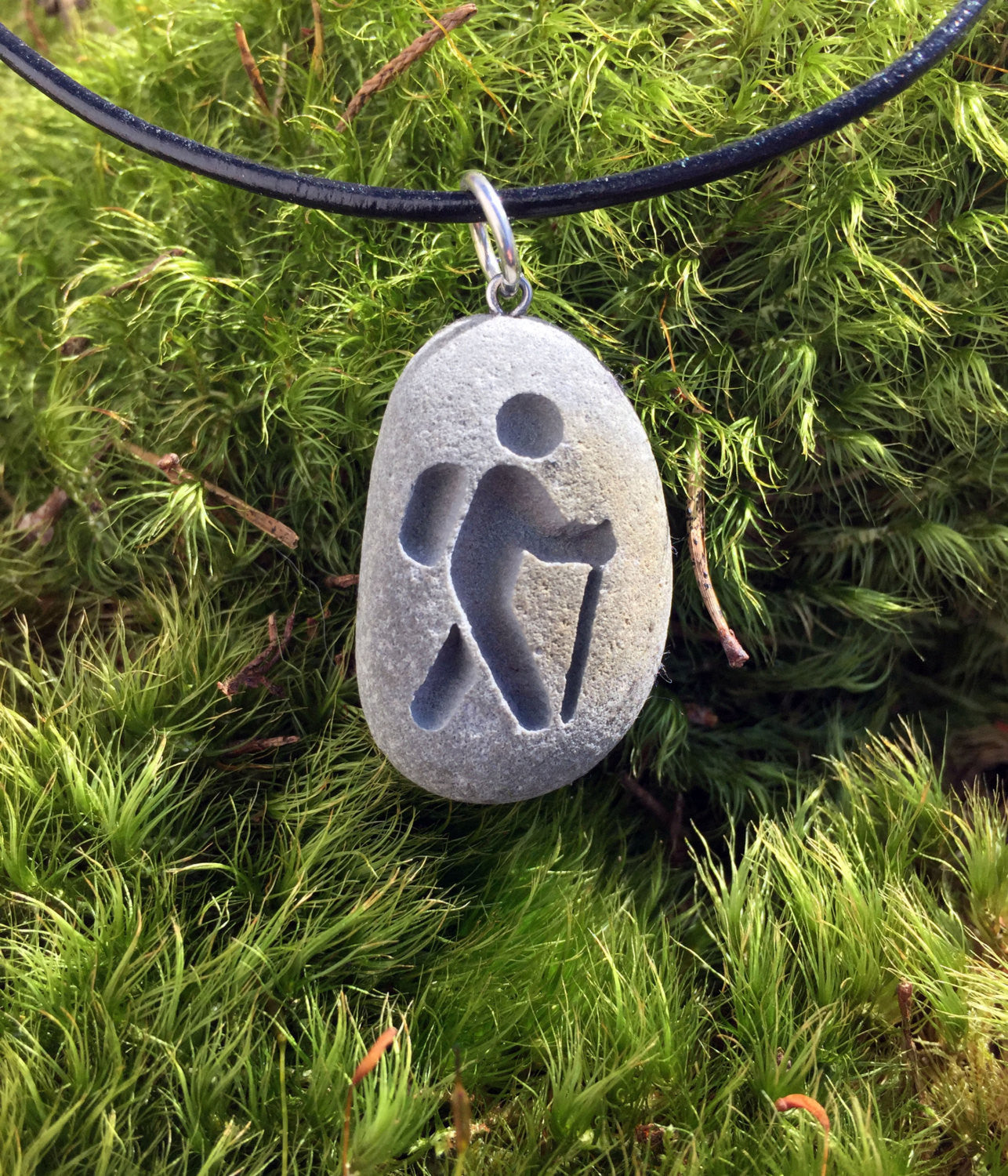 Hiker ahead! Hiking Lover's symbol necklace- Engraved Beach Stone Pendant Jewelry - choose Male or Female! - Cast a Stone