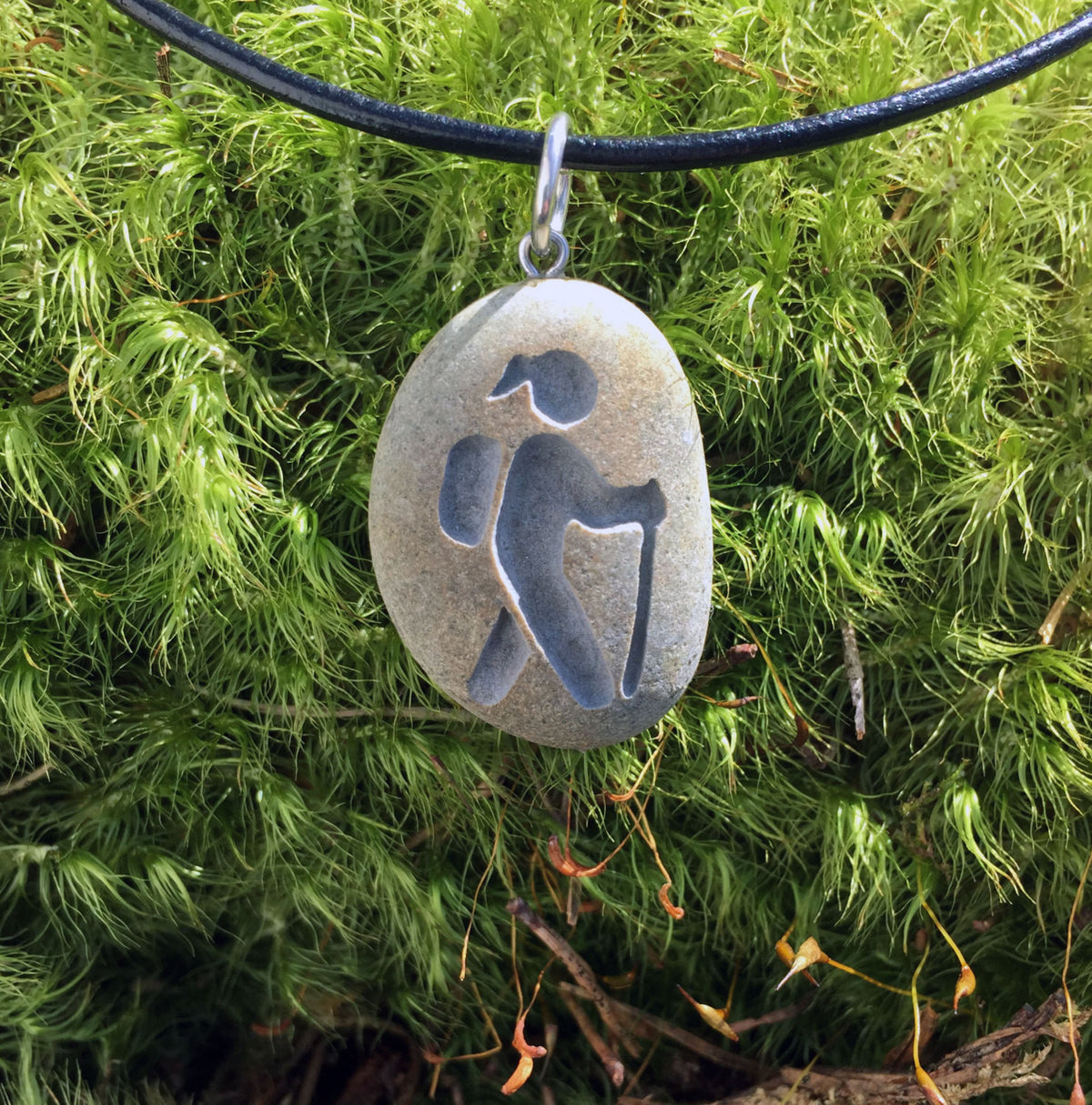 Hiker ahead! Hiking Lover&#39;s symbol- choose Male or Female! Engraved Beach Stone Pendant Jewelry - Cast a Stone
