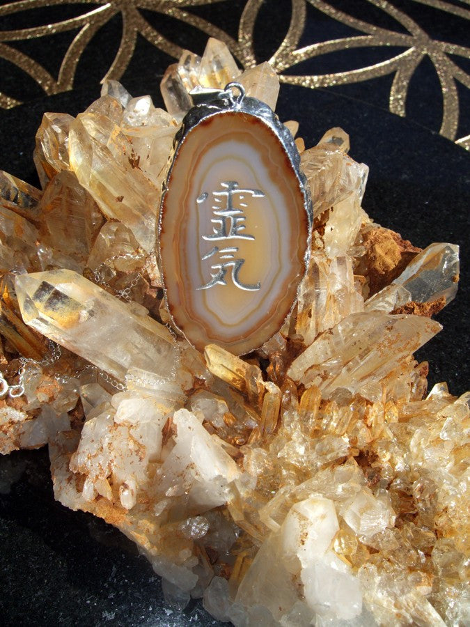 Natural Earthtones Agate Pendant engraved with Reiki Kanji symbol and sterling silver chain - Cast a Stone