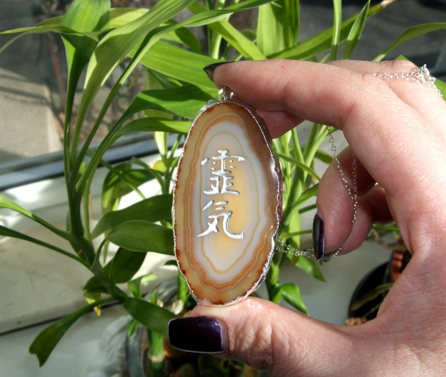Natural Earthtones Agate Pendant engraved with Reiki Kanji symbol and sterling silver chain - Cast a Stone