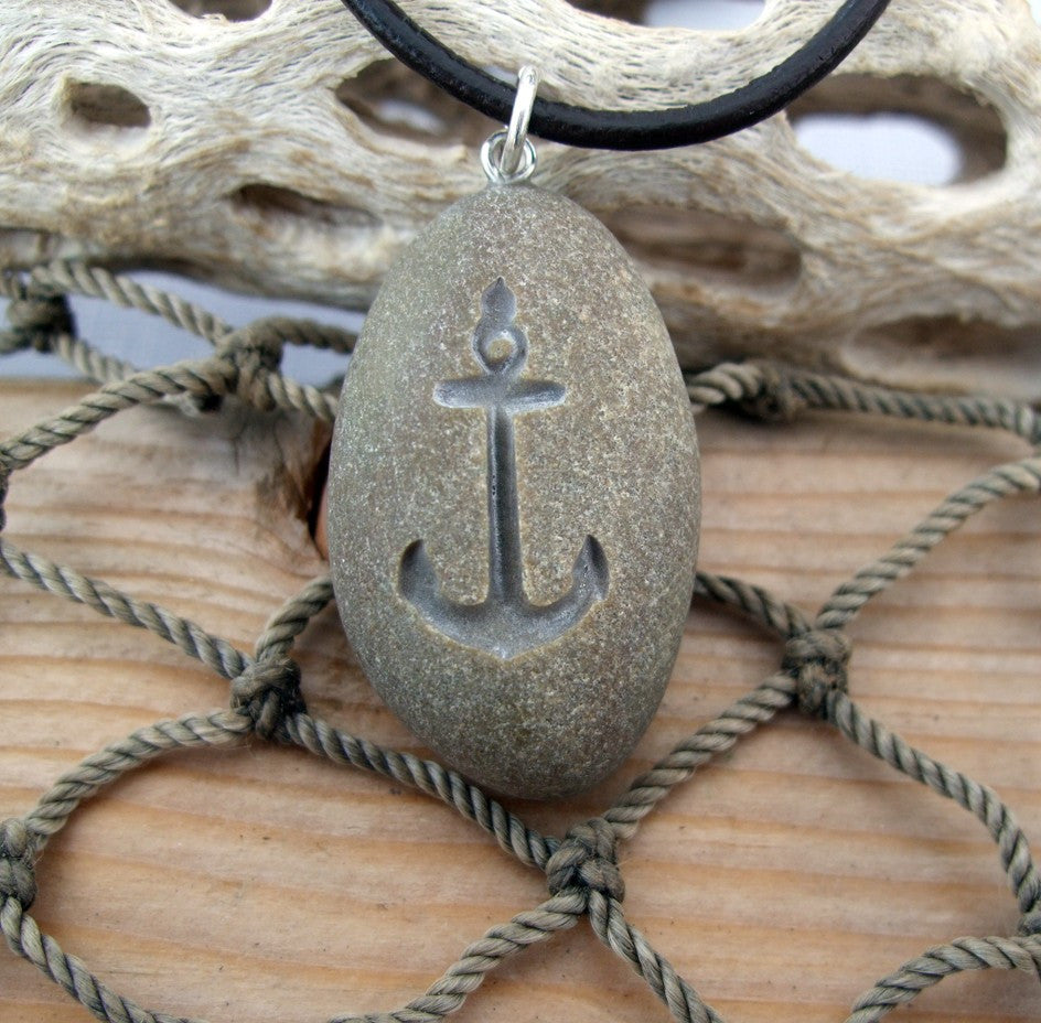 Anchor Away - Engraved Beach Stone Pendant - the Ocean Lover&#39;s necklace - Cast a Stone