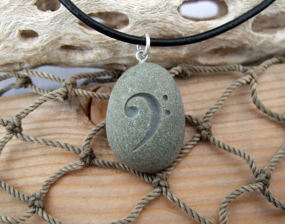 Bass Clef Music necklace engraved on Beach Stone Pendant - Cast a Stone