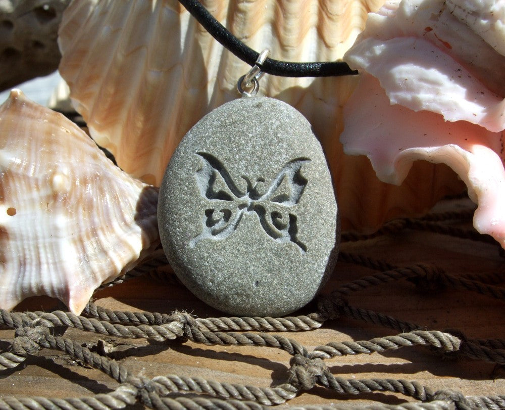 A Butterfly engraved Beach Stone Pendant - Symbol of Transformation necklace - Cast a Stone