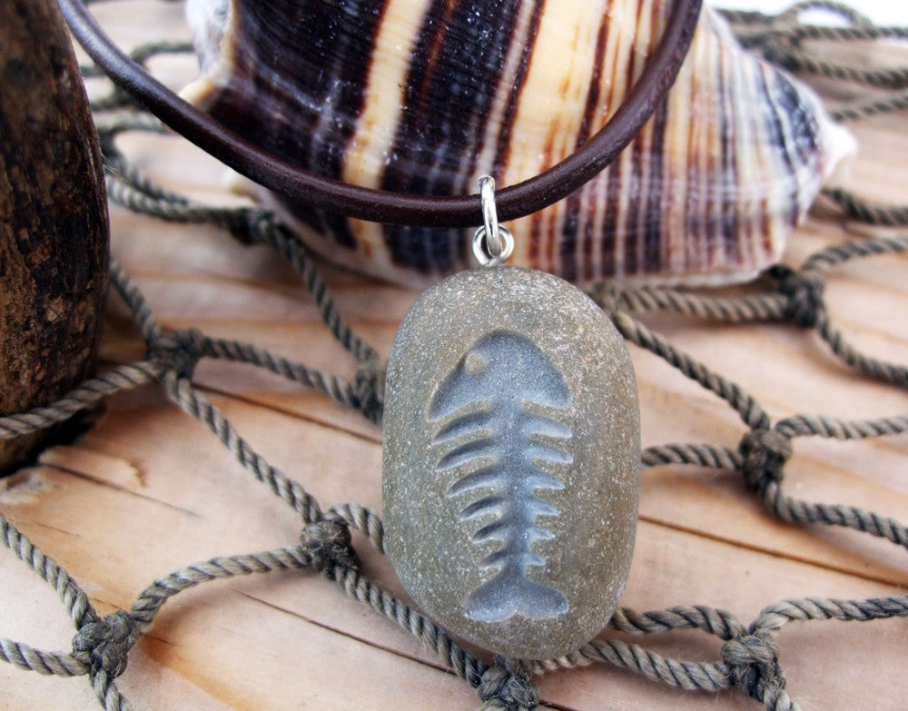 Wishin' on a Fishbone - engraved Beach Stone Pendant - Fish Fossil designed necklace - Cast a Stone
