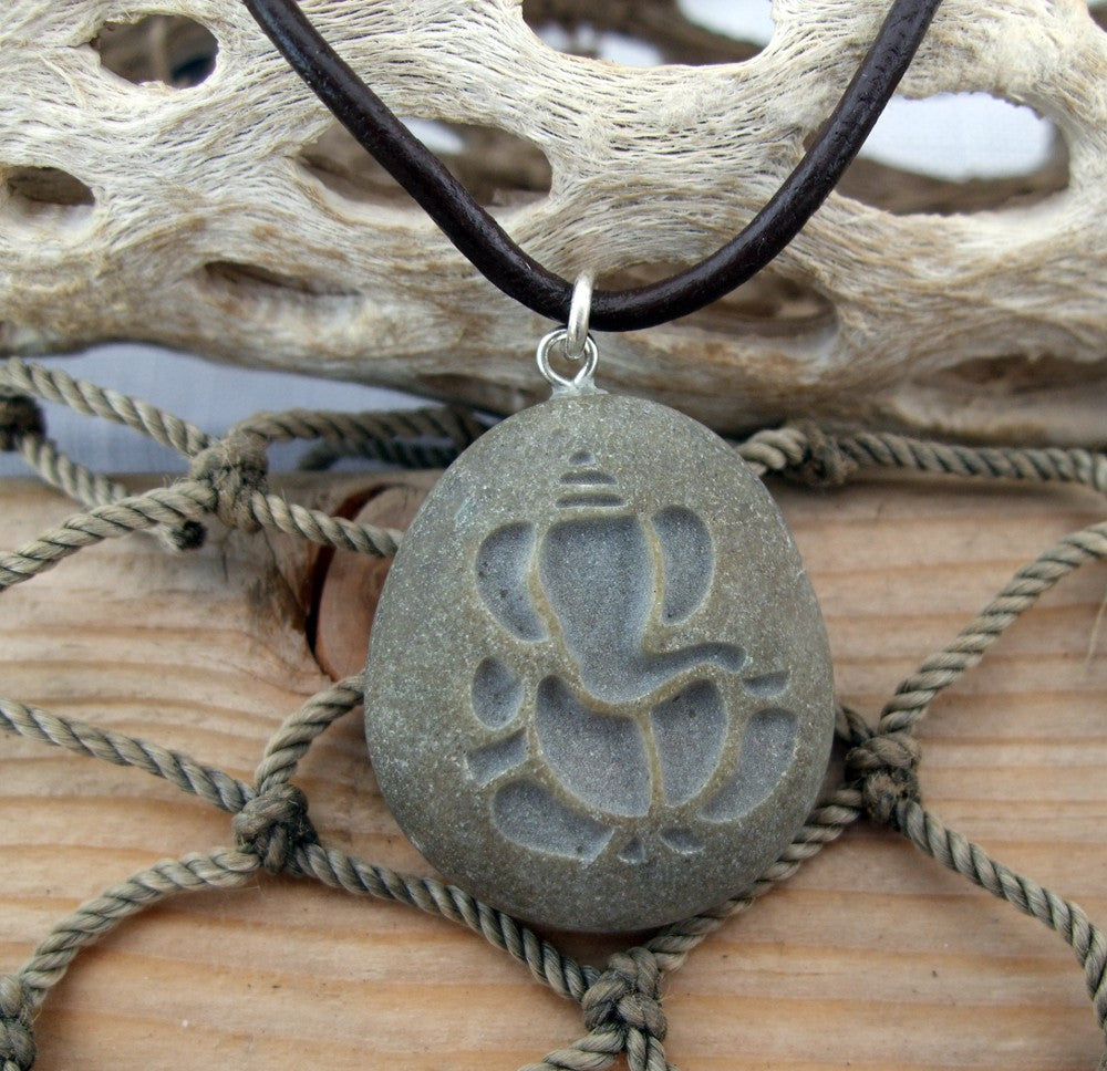 Ganesh - Lord of Good fortune talisman of positivity - engraved Beach Stone Pendant - Cast a Stone