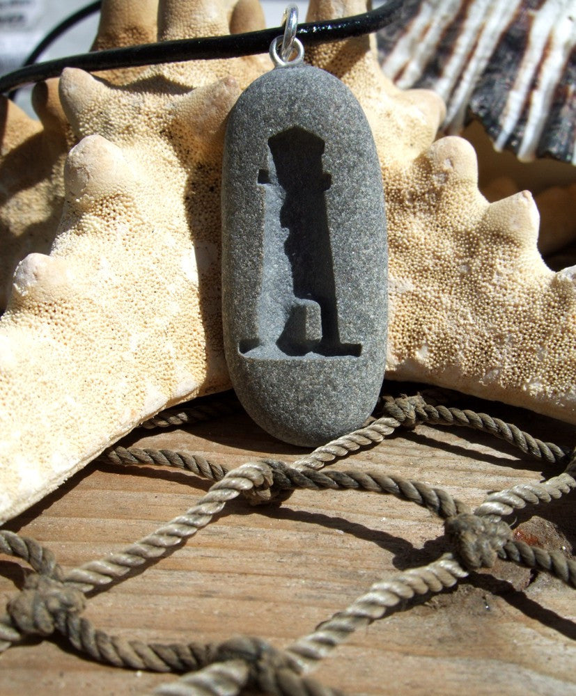 Lighthouse by the sea - engraved Beach Stone Pendant - guidance of Strength and Safe Harbor necklace - Cast a Stone