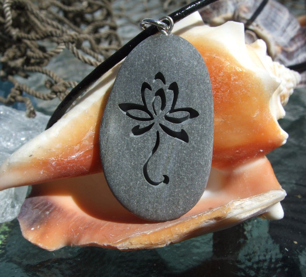Lotus Flower in bloom - engraved Beach Stone Pendant - Symbol of Peace and Pureness in Life necklace - Cast a Stone