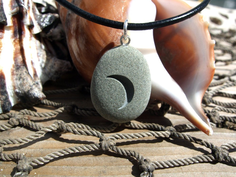 New Moon rising - Engraved Beach Stone Pendant - optimism and new beginnings necklace - Cast a Stone