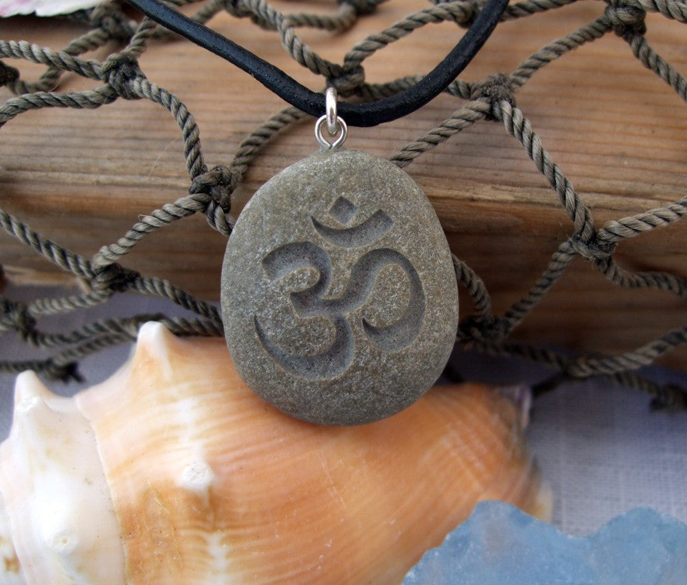 Om symbol - Natures first Breath necklace - Engraved Beach Stone Pendant - Cast a Stone