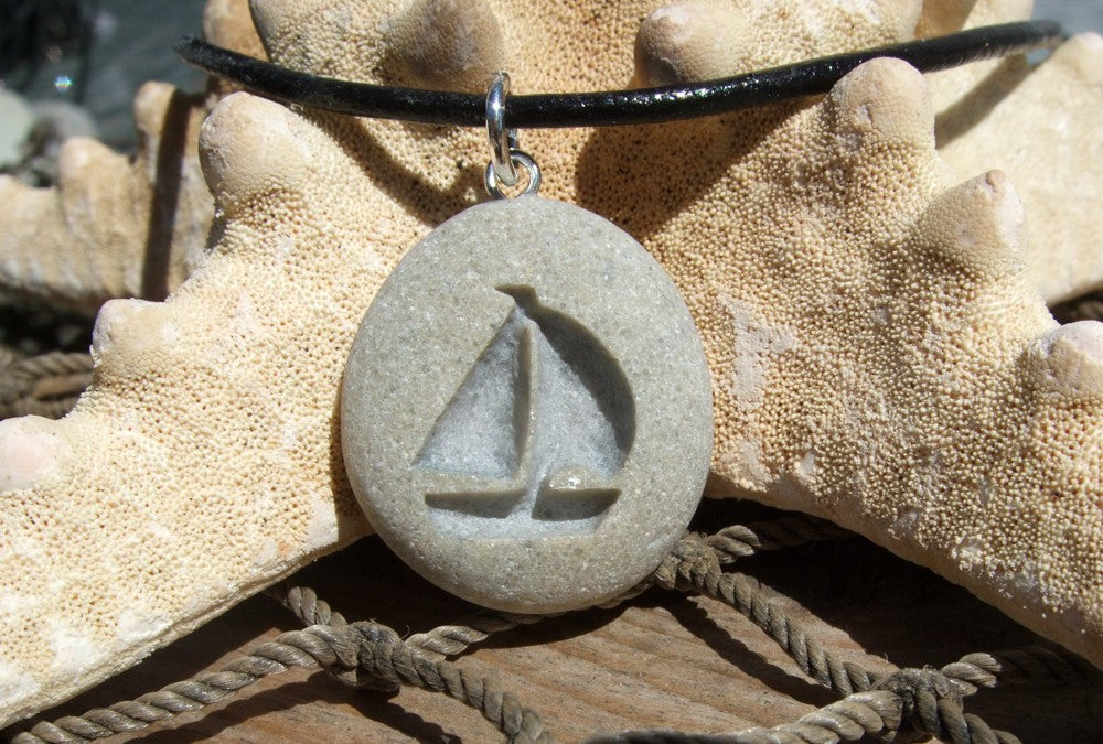 Sailboat Summer Days - engraved Beach Stone Pendant - All natural Ocean pebble - Cast a Stone