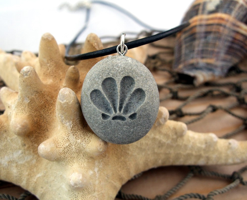 Scallop shell - the angry clam - engraved Beach Stone Pendant - Worship sunny days necklace - Cast a Stone