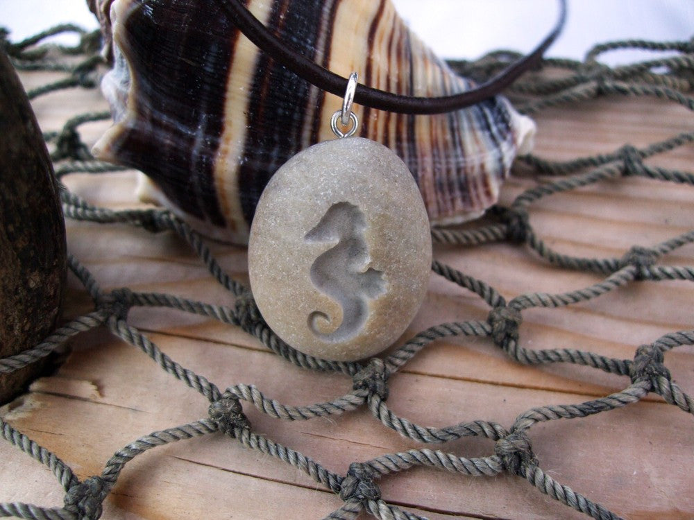 Seahorse of Patience and Determination - engraved Beach Stone Pendant - Cast a Stone