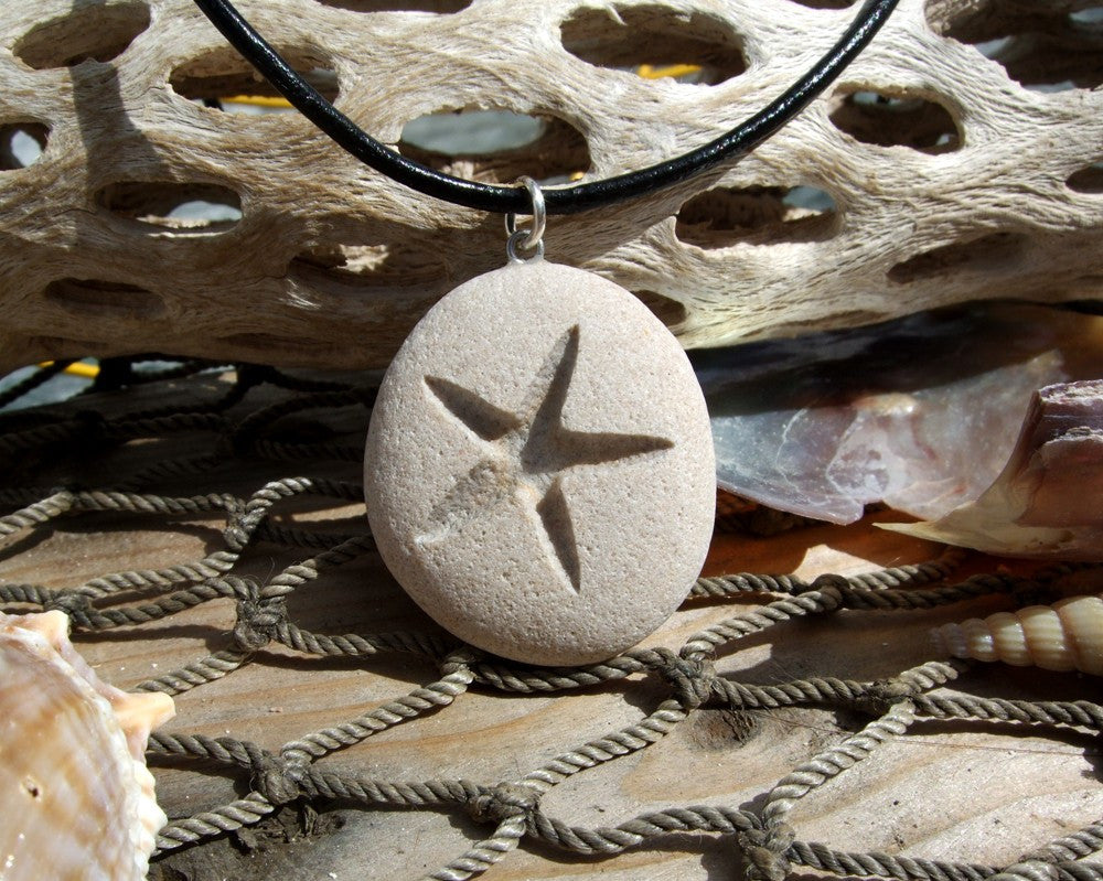 Starfish -Talisman of Travel over Water - Engraved Beach Stone Pendant - Star of the Sea necklace - Cast a Stone