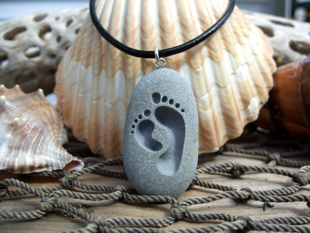 Footprints together forever on engraved Beach Stone Pendant - love of a child necklace - Cast a Stone