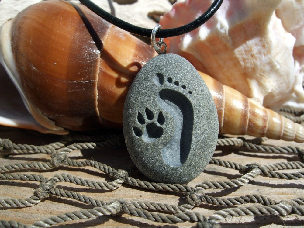 Footprint and Dog Paw Forever Friends - engraved Beach Stone Pendant - closest of bonds necklace - Cast a Stone