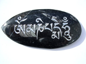Mani Stone -Tibetan- Om mani padme hum chant Engraved on XL Orthoceras fossil in Silver - Cast a Stone