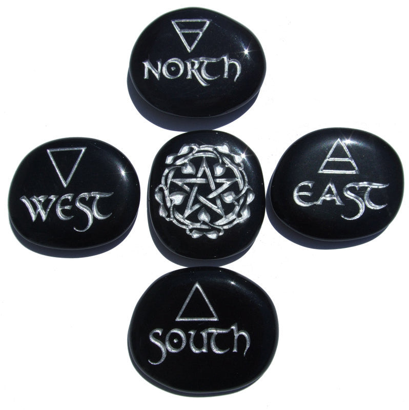 Engraved - Pocket Altar to Go - 5 pc stone set in Obsidian with Silver - Cast a Stone