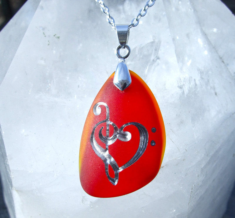 Music lover&#39;s Heart - Lollipop Red and Fiery Orange Sea Glass Pendant - Cast a Stone