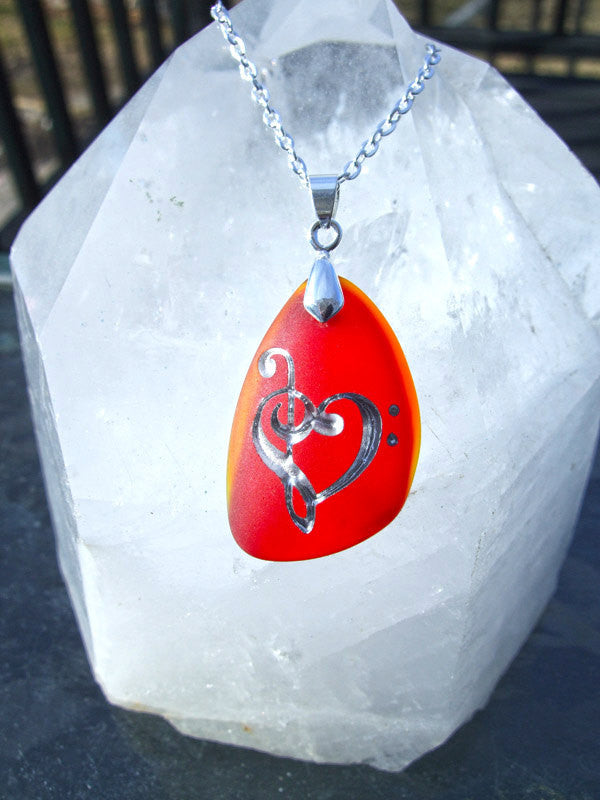 Music lover's Heart - Lollipop Red and Fiery Orange Sea Glass Pendant - Cast a Stone