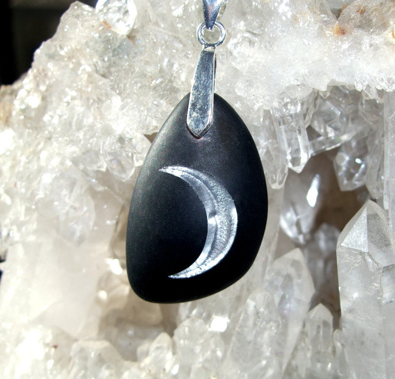New Moon Rising-  Black Sea Glass Pendant deeply engraved - Cast a Stone