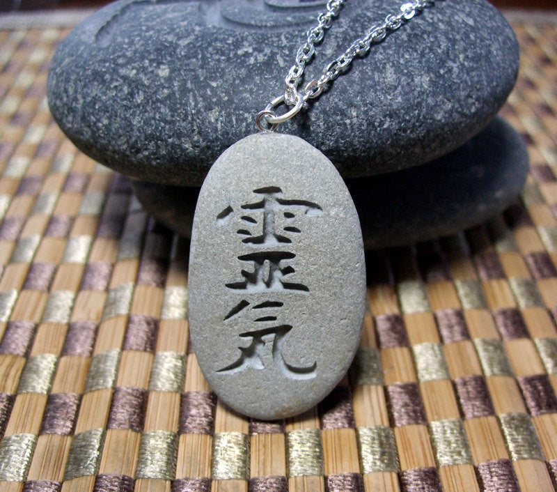 Reiki kanji Symbol engraved Beach Stone Pendant - Talisman of Universal life force Energy necklace - Cast a Stone