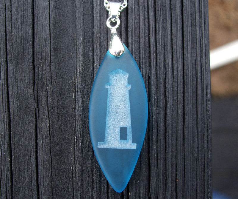 Lighthouse by the sea - engraved Ocean beach Sea Glass pendant - choose your color - Cast a Stone