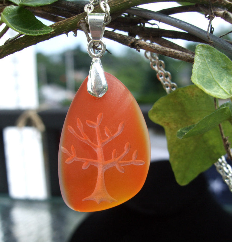 Tree of Life pendant- Natures Mother necklace - engraved Sea Glass Jewelry - choose your color - Cast a Stone