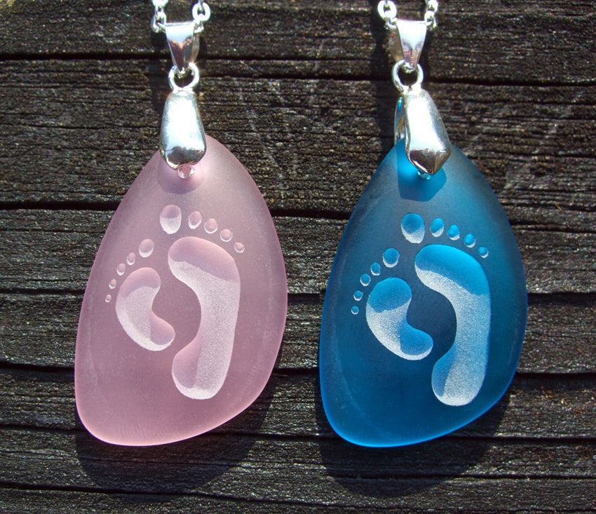 Footprints Adult &amp; child pendant- Together Forever - engraved Sea Glass Jewelry - choose your color - Cast a Stone