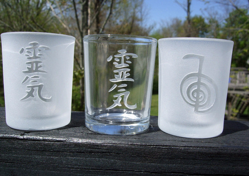 Reiki engraved Glass votive tea light Candle holder - Frosted or Clear 6 styles Reiki symbol, Cho Ku Rei, Sei He Ki, HSSSN, Dai Ku Myo or Om - Cast a Stone