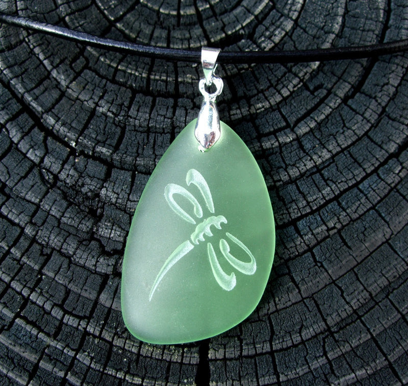 Dragonfly engraved on Ocean beach Sea Glass pendant - choose your color - Cast a Stone