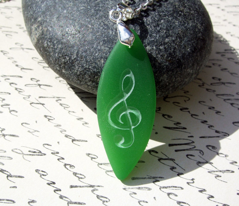 Treble Clef Music symbol - deeply engraved - opaque Bottle Green beach Sea Glass pendant - Cast a Stone