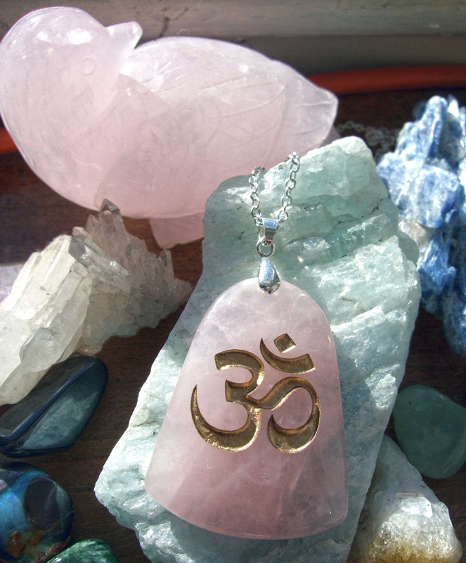 Om symbol - Natures first Breath engraved Ohm Rose Quartz Necklace - Cast a Stone