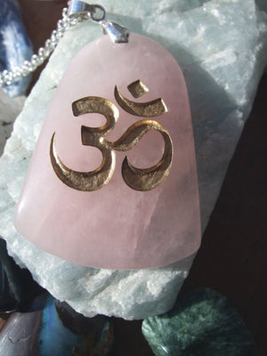 Om symbol - Natures first Breath engraved Ohm Rose Quartz Necklace - Cast a Stone