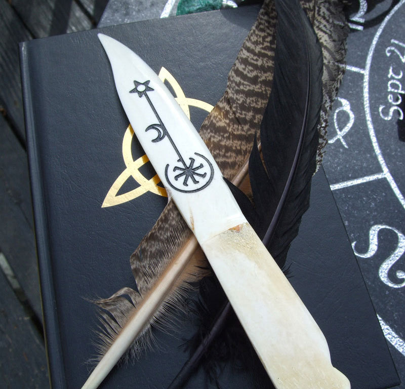 Strega White Bone Spirit Blade finished in gloss black - double sided engraved Athame - Cast a Stone