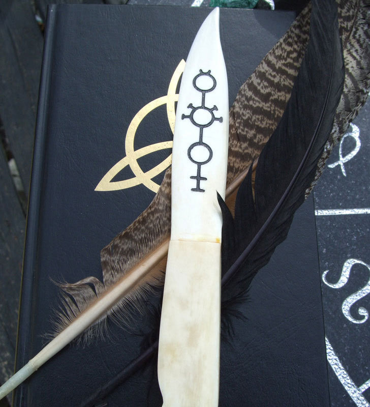 Strega White Bone Spirit Blade finished in gloss black - double sided engraved Athame - Cast a Stone