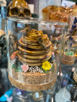 Artisan-made Little Bee Terrarium, featuring local honey bees and a variety of flowers