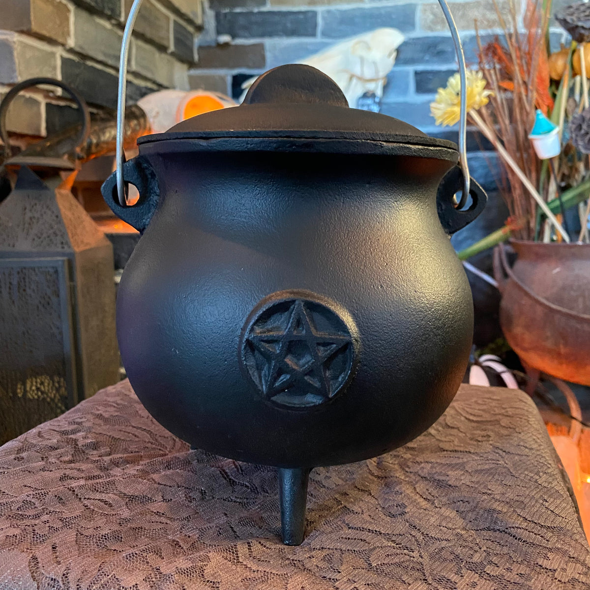 Large Black Cauldron Pentacle Cast Iron Cauldron - 8&quot;